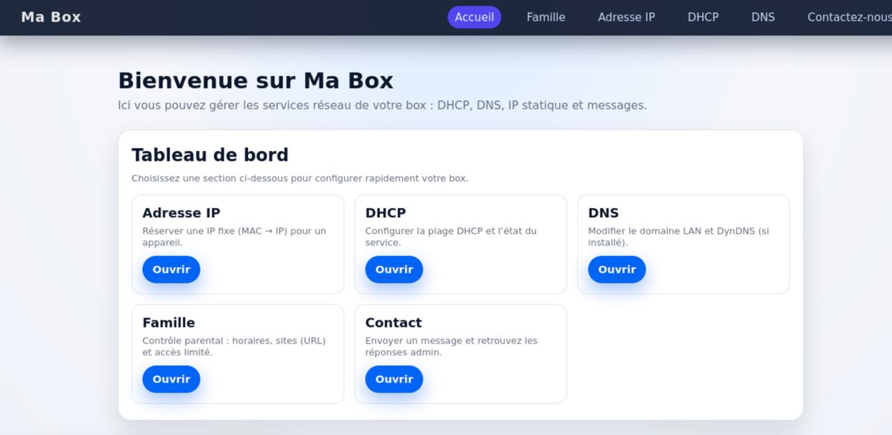 Page d’accueil de l’interface Ma Box